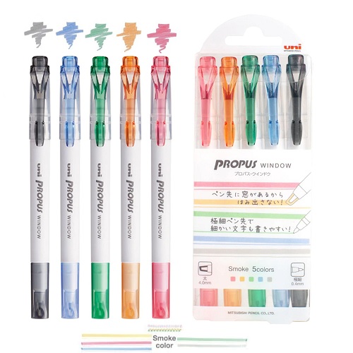 Uni三菱 PUS-103T 5C3 雙頭視窗螢光筆 煙灰系五色套裝